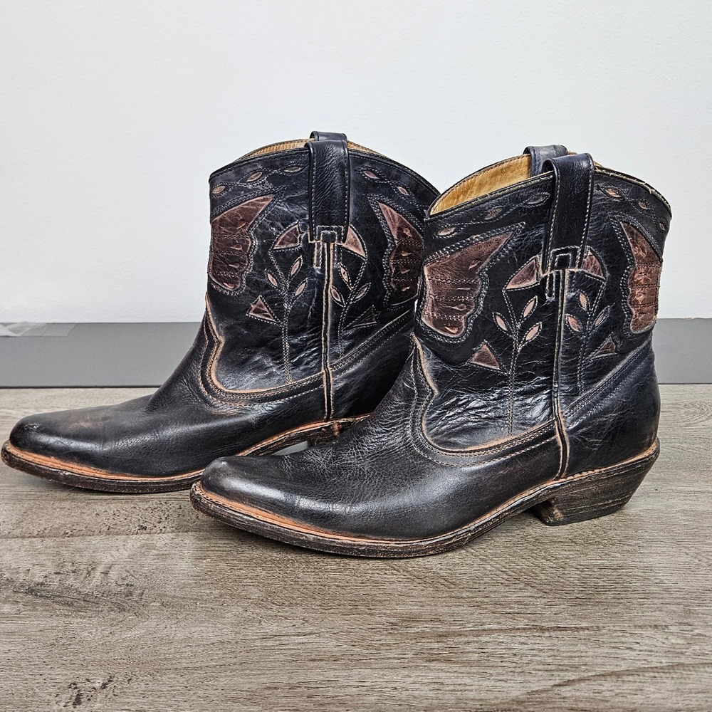 Bed Stu Boots Womens Sz 9.5 Cobbler Series Black Leather Butterfly Inlay Western